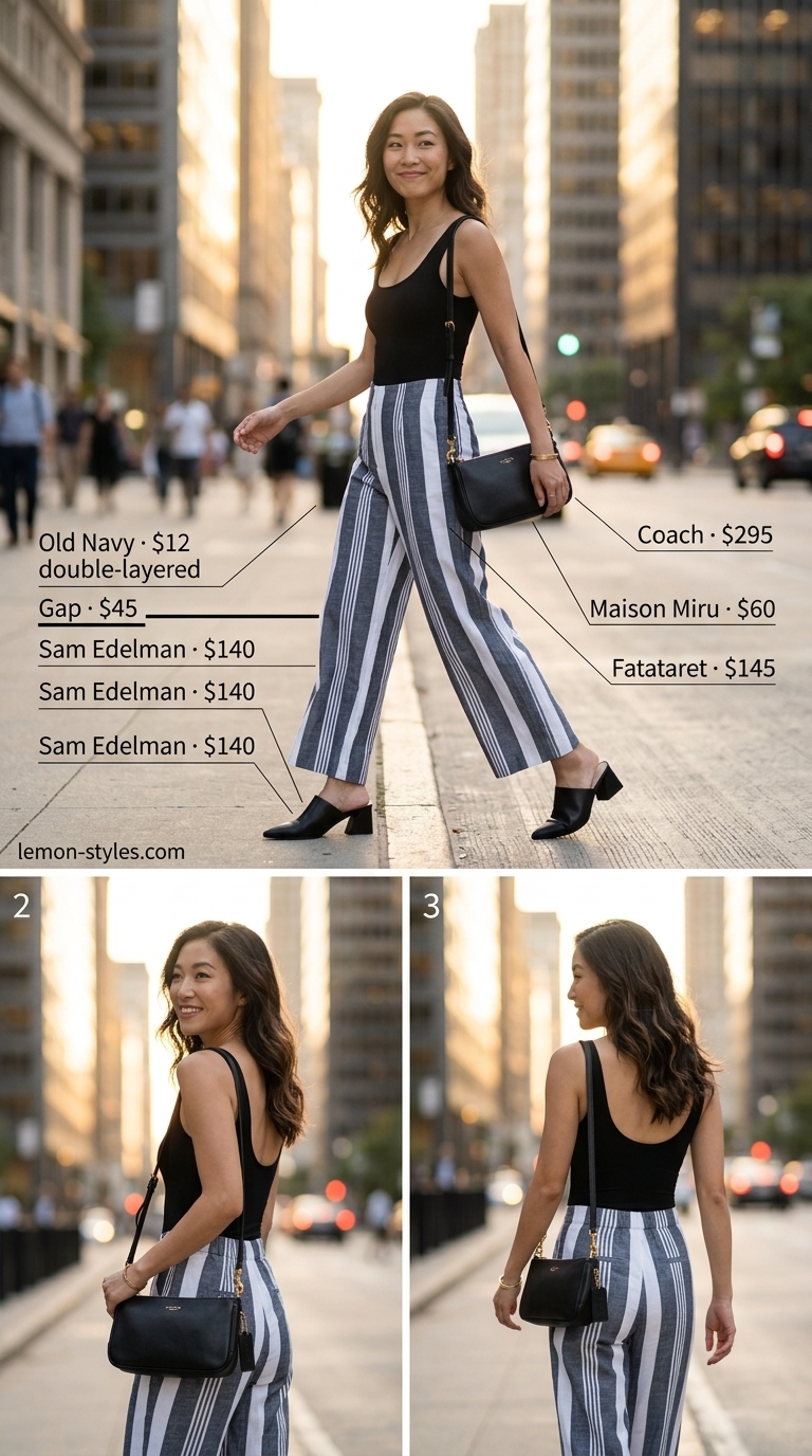 Bold Rooftop Outfits for Women Summer 2026 Striped wide-leg pants, black bodysuit, and black mules for rooftop outfits for women summer 2026.