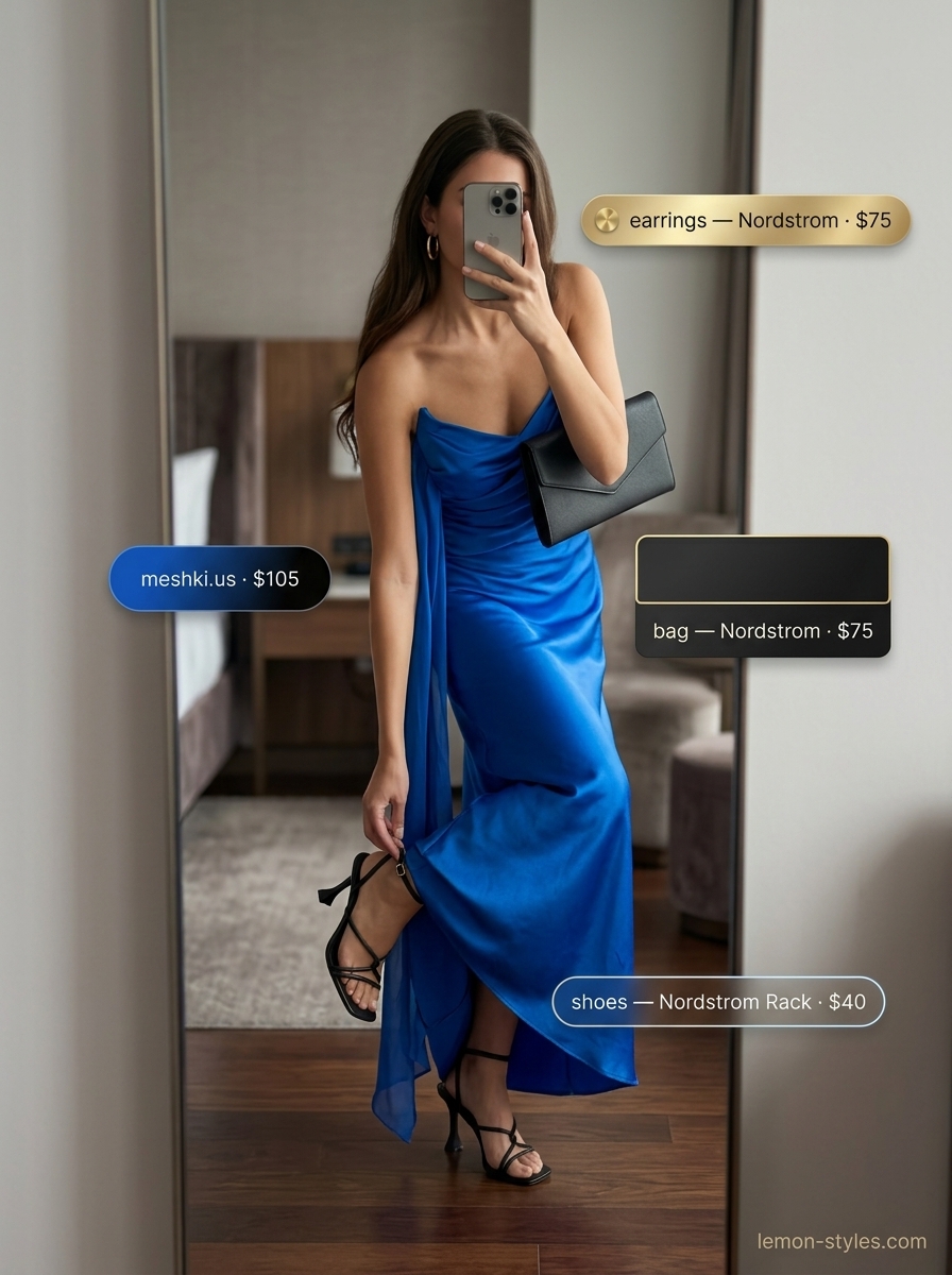 Glamorous Rooftop Outfits for Women Summer 2026 Cobalt blue satin maxi dress, black sandals, and gold hoops for rooftop outfits for women summer 2026.