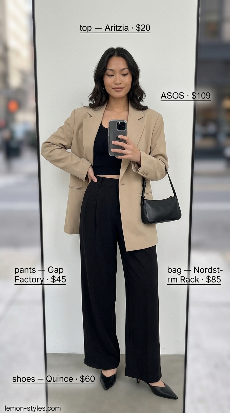 Rooftop Outfits for Women Summer 2026: Polished Blazer Look Modern Muse: Camel blazer, black pants & cream top for rooftop outfits for women summer 2026.