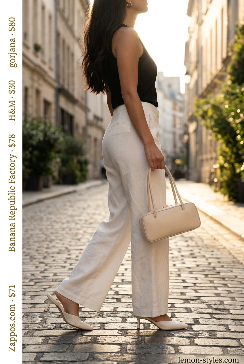 Rooftop Outfits for Women Summer 2026: Elegant Monochrome Monochrome Chic: Cream pants, ivory top & gold earrings for rooftop outfits for women summer 2026.