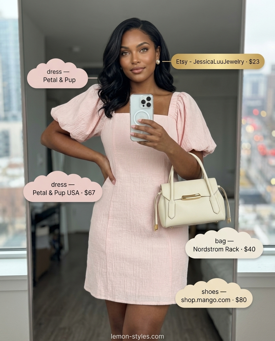 Rooftop Outfits for Women Summer 2026: Romantic Mini Dress Rooftop Romance: Blush pink puff sleeve dress, gold earrings & strappy sandals for rooftop outfits for women summer 2026.