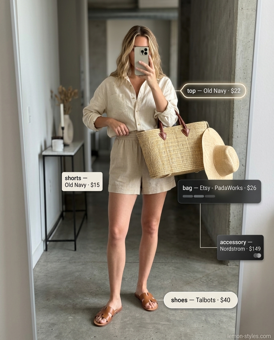 Rooftop Outfits for Women Summer 2026: Effortless Linen Set Sunset Breeze: Beige linen shorts, white linen shirt & straw hat for rooftop outfits for women summer 2026.