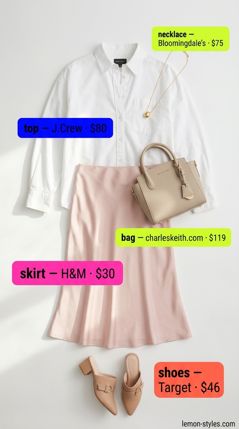 Elegant Rooftop Outfits for Women Summer 2026 Blush pink midi skirt, white oversized shirt, and nude mules for rooftop outfits for women summer 2026.