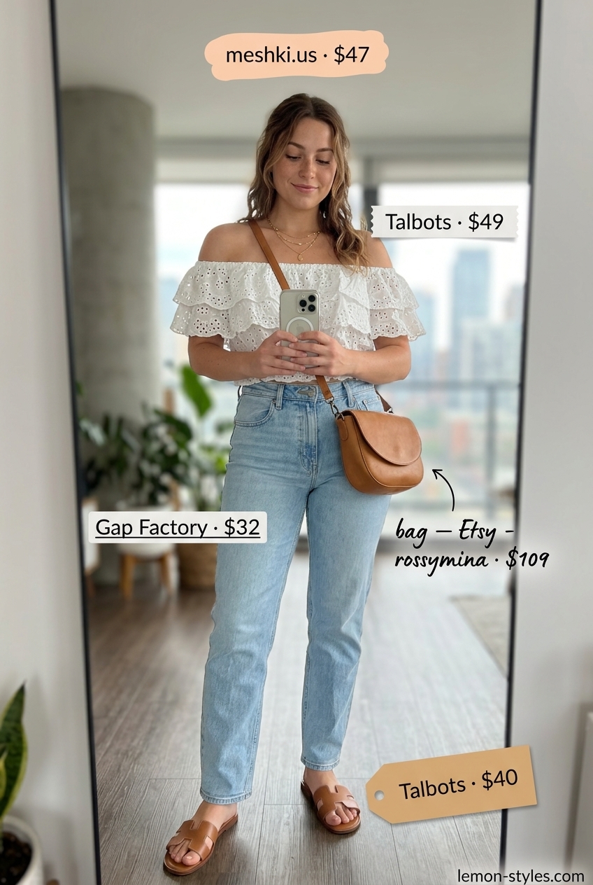 Rooftop Outfits for Women Summer 2026: Casual Denim & Blouse Sunset Promenade: Light wash jeans, white peasant blouse & tan sandals for rooftop outfits for women summer 2026.