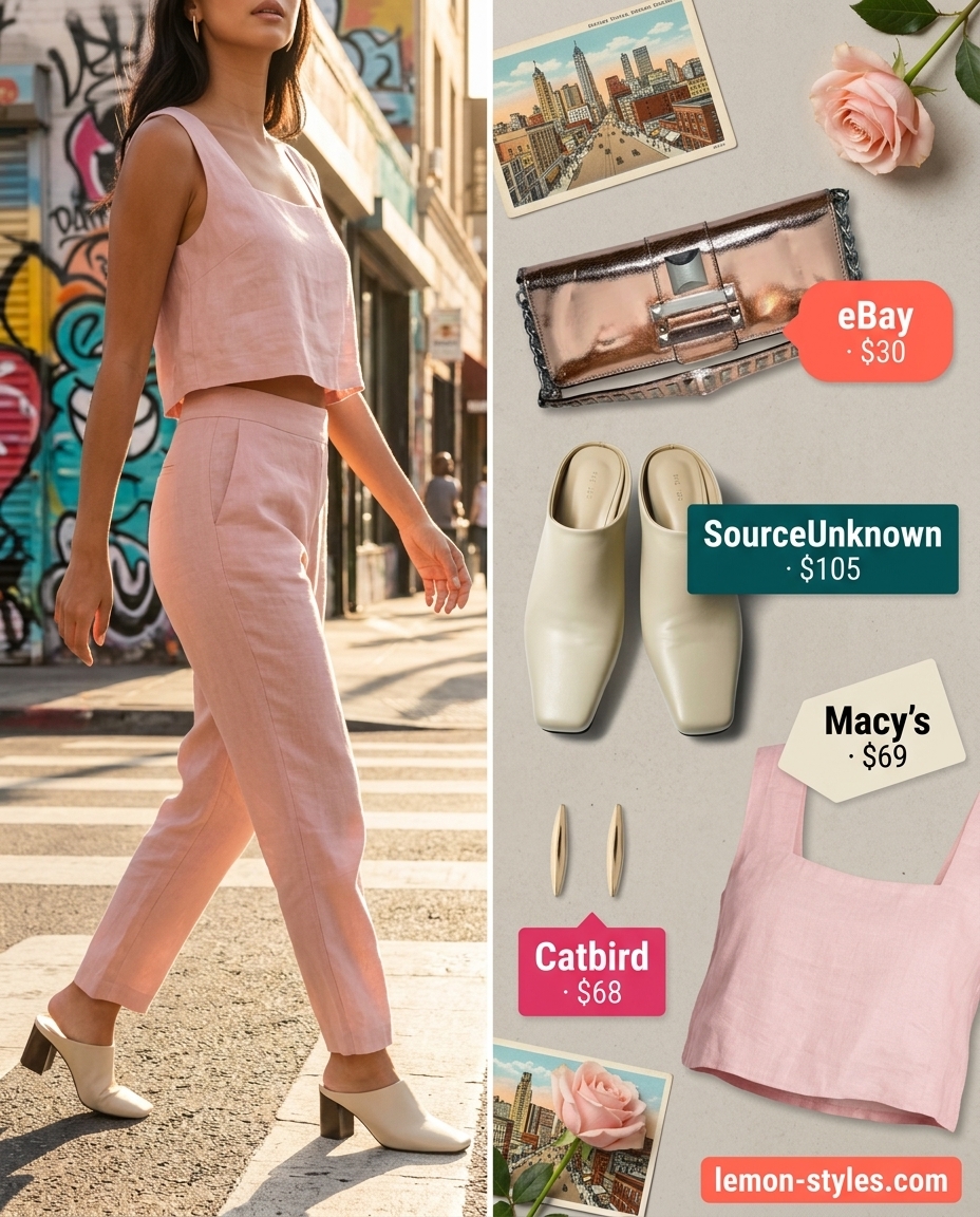 Chic Rooftop Outfits for Women Summer 2026 Blush pink linen blend set with heeled mules and gold bag for rooftop outfits for women summer 2026.