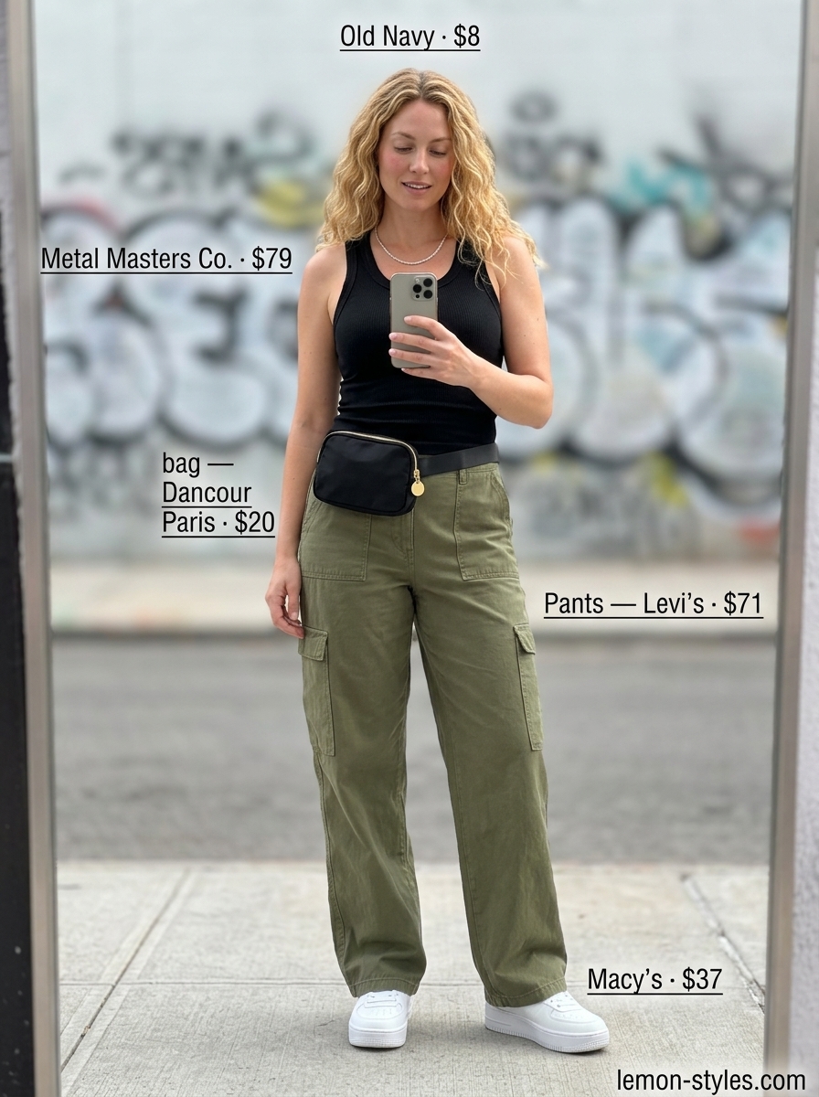 Rooftop Outfits for Women Summer 2026: Casual Urban Vibe Urban Explorer: Olive cargo pants, black tank & white sneakers for rooftop outfits for women summer 2026.