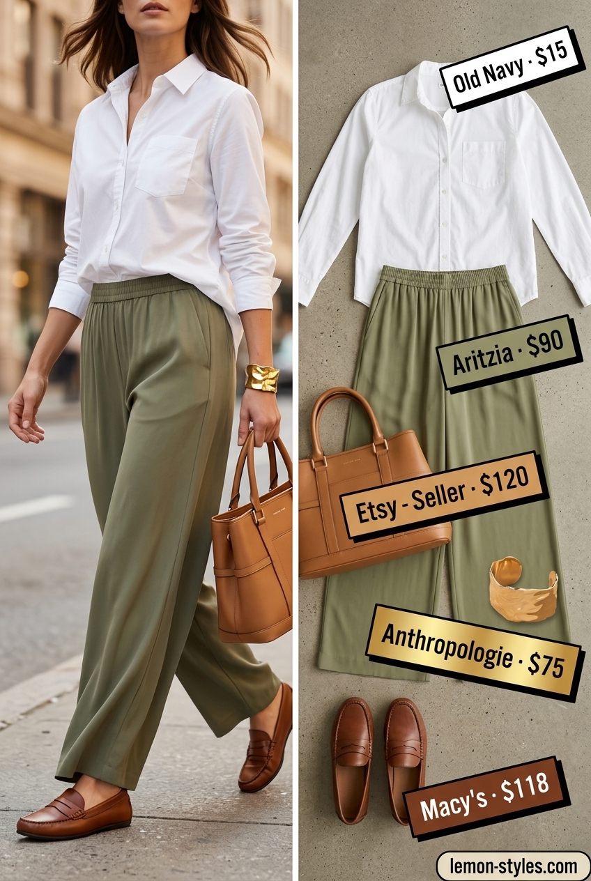 Polished Rooftop Outfits for Women Summer 2026 Olive green palazzo pants, white button-down shirt, and tan loafers for rooftop outfits for women summer 2026.