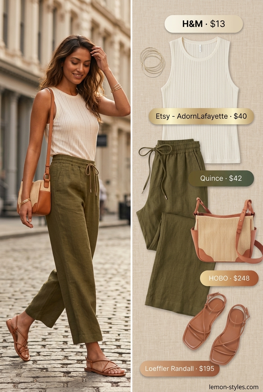 Casual Rooftop Outfits for Women Summer 2026 Olive green wide-leg pants, cream knit tank, and tan sandals for rooftop outfits for women summer 2026.