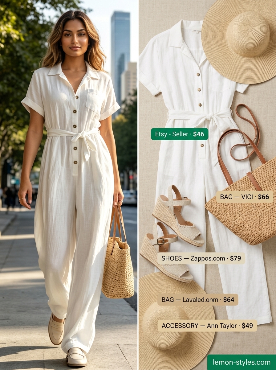 Rooftop Outfits for Women Summer 2026: Chic Jumpsuit Style Modern Utility Jumpsuit: White jumpsuit, straw hat & espadrilles for rooftop outfits for women summer 2026.