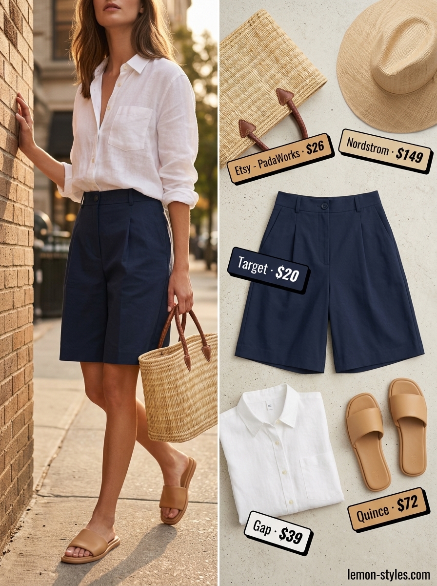 Rooftop Outfits for Women Summer 2026: Linen Shorts Set Rooftop outfits for women summer 2026: Navy Bermuda shorts, linen shirt, and slides for a chic daytime look.