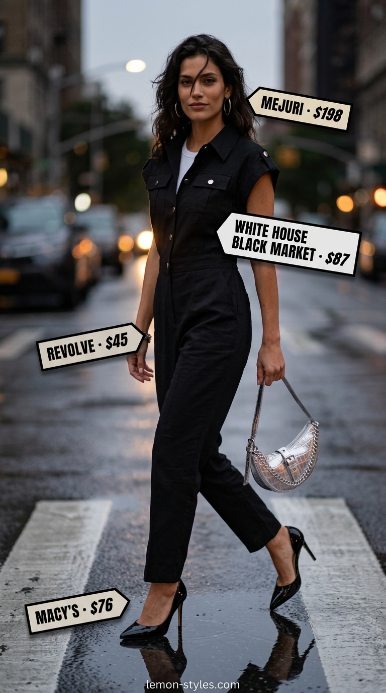 Rooftop Outfits for Women Summer 2026: Edgy Jumpsuit Rooftop outfits for women summer 2026: Black utility jumpsuit with stiletto heels and silver accessories.