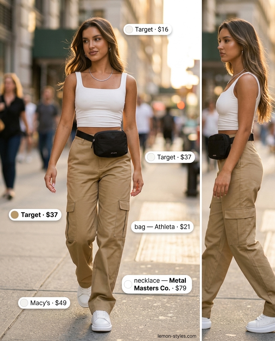 Rooftop Outfits for Women Summer 2026: Cargo Pants Style Rooftop outfits for women summer 2026: Khaki cargo pants, white crop top, and sneakers for a trendy casual look.
