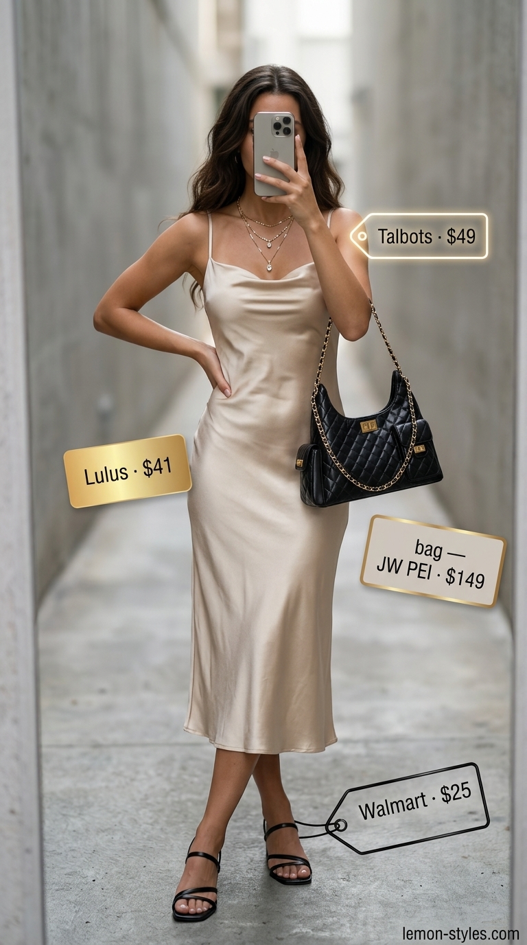 Rooftop Outfits for Women Summer 2026: Champagne Slip Dress Rooftop outfits for women summer 2026: Champagne slip dress with gold necklaces and black sandals for sunset drinks.