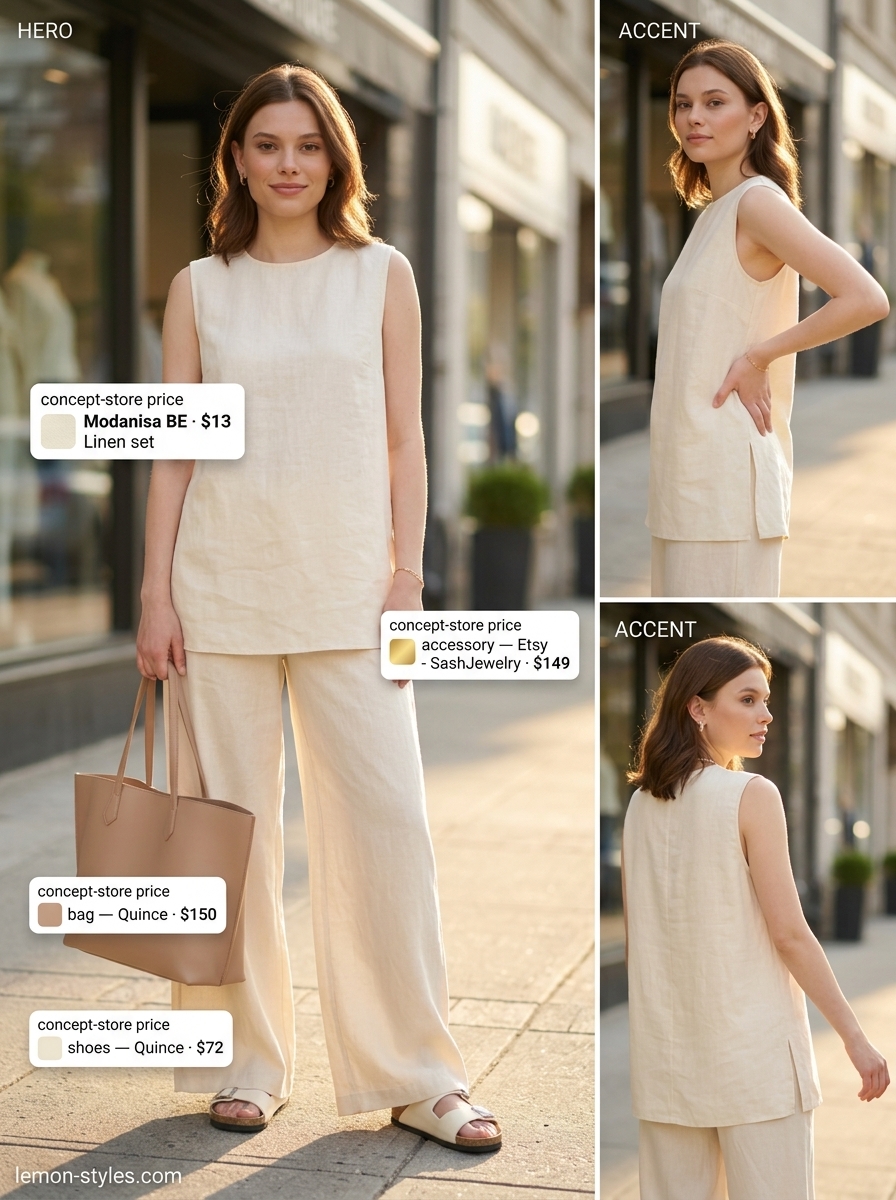 Rooftop Outfits for Women Summer 2026: Linen Matching Set Rooftop outfits for women summer 2026: Beige linen set with wide-leg pants and tunic for a minimalist vibe.