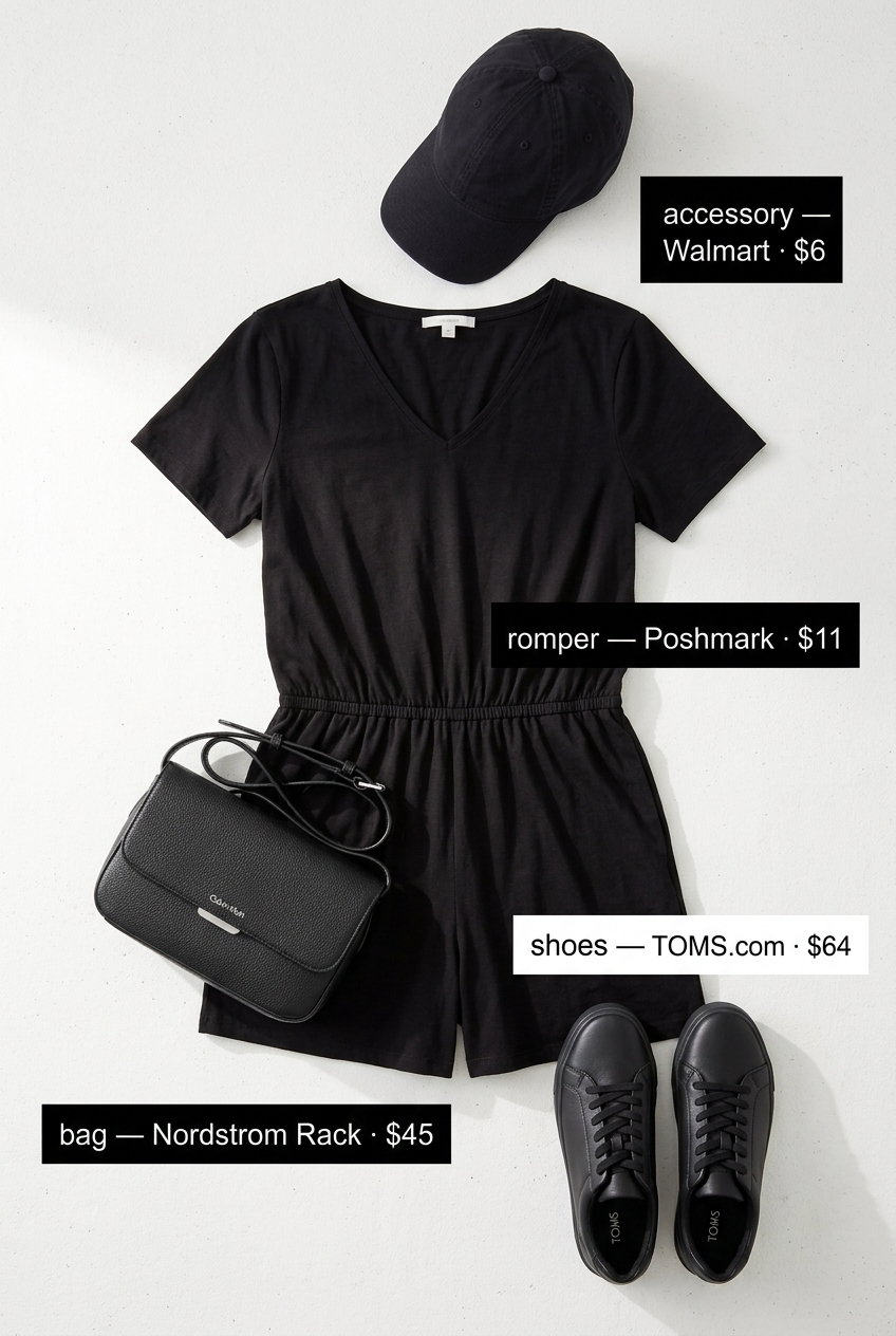 Rooftop Outfits for Women Summer 2026: Sporty Romper Rooftop outfits for women summer 2026: Black romper with sneakers and a baseball cap for a sporty vibe.