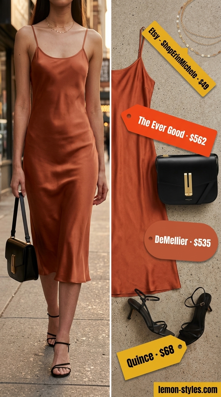 Rooftop Outfits for Women Summer 2026: Silk Slip Dress Rooftop outfits for women summer 2026: Terracotta silk slip dress with black sandals and crossbody for date night.