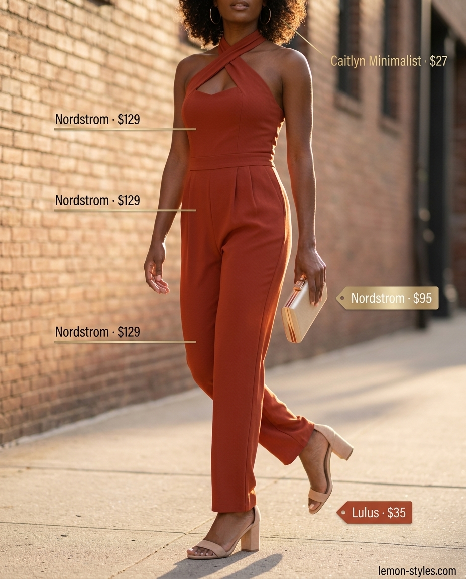 Rooftop outfits for women summer 2026: Terracotta wide-leg jumpsuit with gold accessories for an elegant evening.