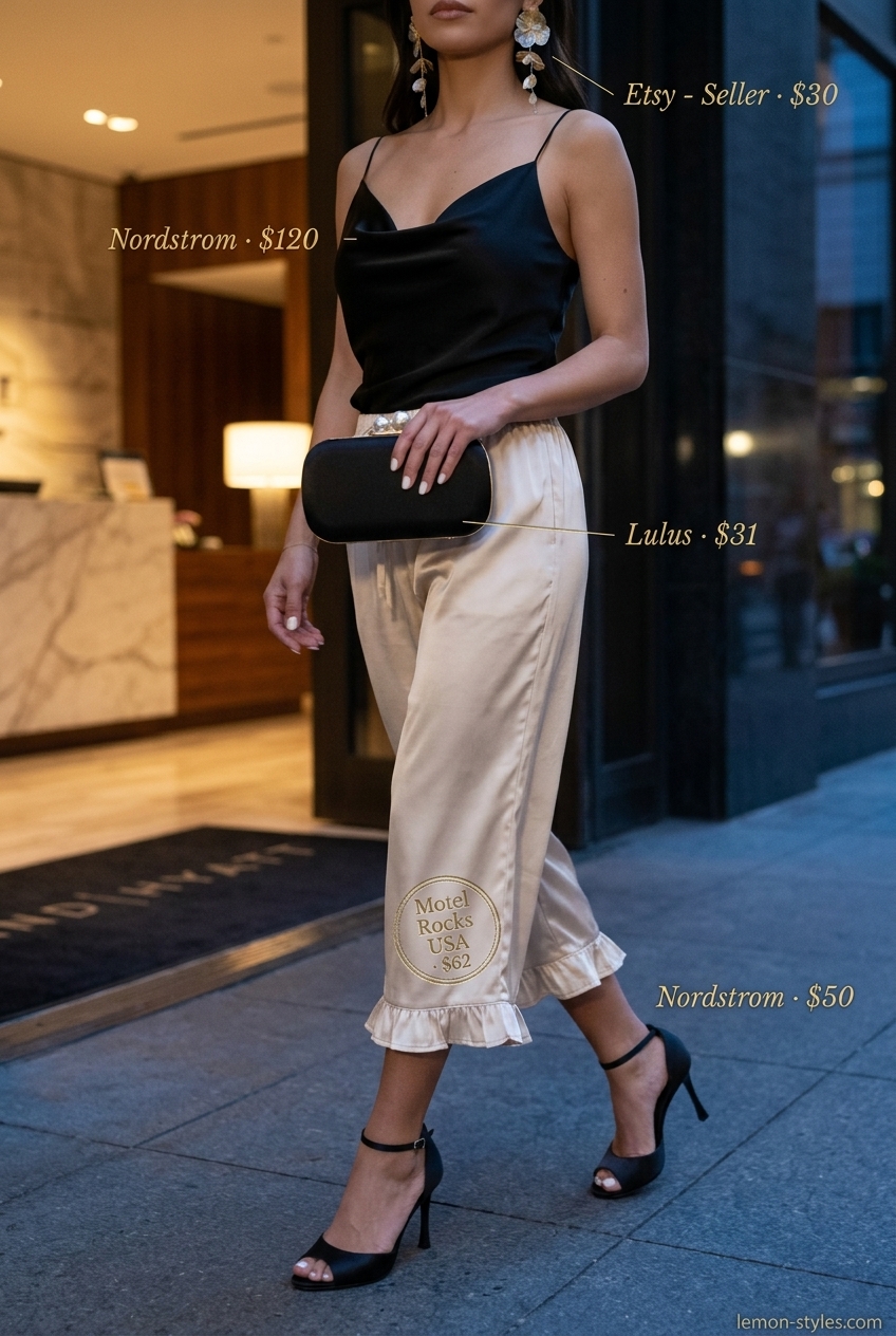Champagne satin cropped culottes with a black camisole and strappy heels for an evening out.