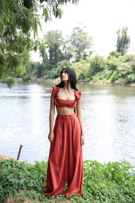 Boho Linen Crop Top and Wide Leg Pants Set