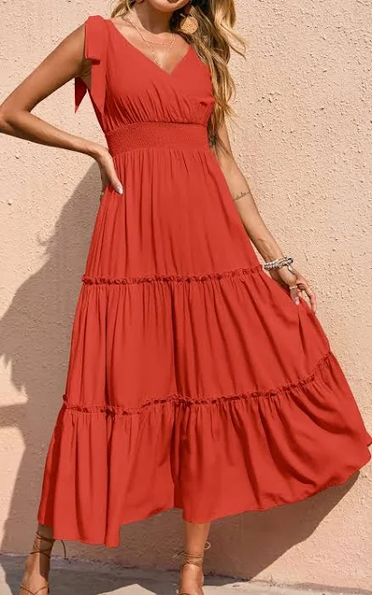 Prettygarden Women's Cross Neck Sleeveless Tiered Maxi Dress