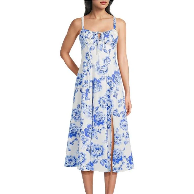 Honey and Rosie Women's Floral Sateen Sweetheart Neck A-Line Midi Dress
