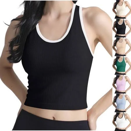Women's Ribbed Knit Sleeveless Tank Tops with Built-in Bra