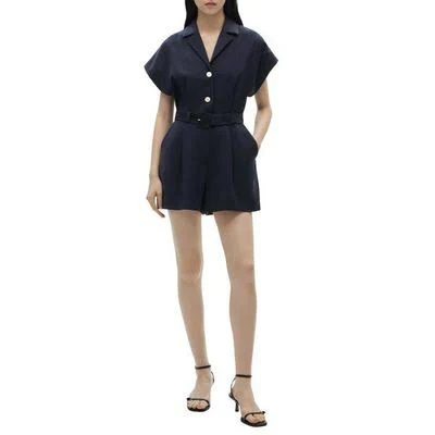 Mango Notched Collar Short Sleeve Belted Romper in Dark Navy at Nordstrom, Size X-Small