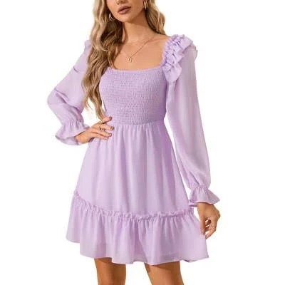 Women's Smocked Square Neck Ruffle Long Puff Sleeve Mini Dress