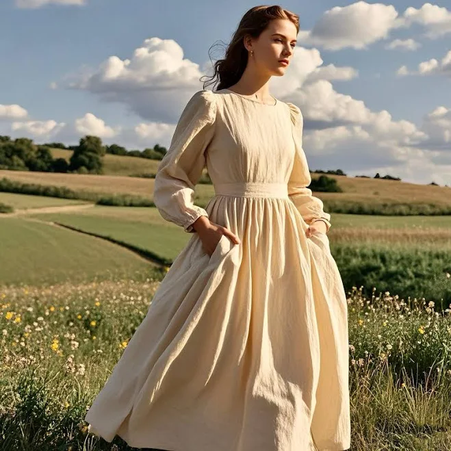 Rustic Linen A-Line Maxi Dress with Pockets