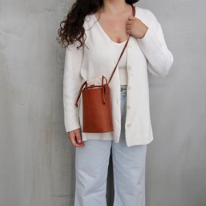 Raffia Round Vegan Leather Bucket Handbag with Drawstring