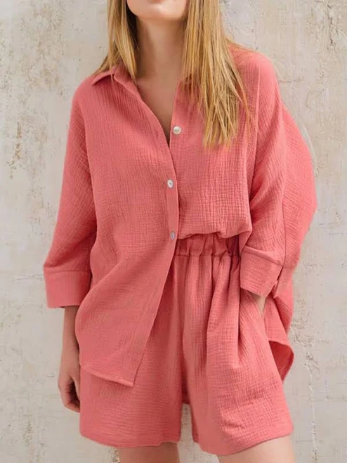 Trendsi Texture Button Up Shirt and Shorts Set