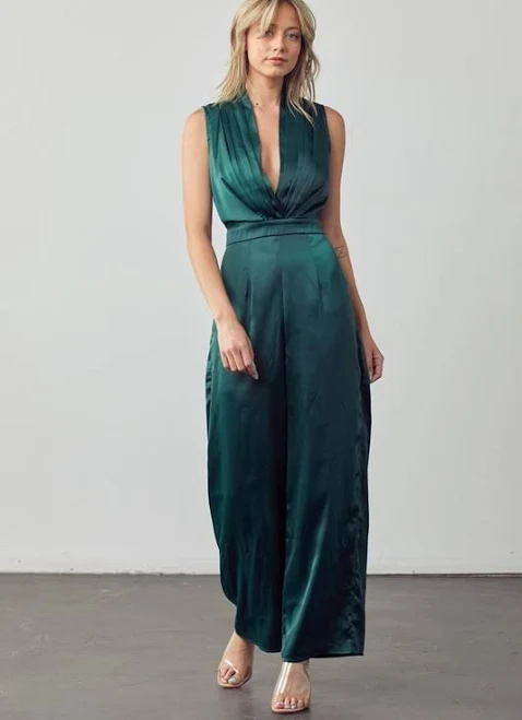 Emerald Green Satin Jumpsuit Women | Deep V-neck Sleeveless Wide Leg