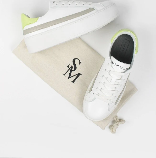 Sans Matin Gaia Women's Platform Trainers White Grey & Lime Green Pebbled Leather