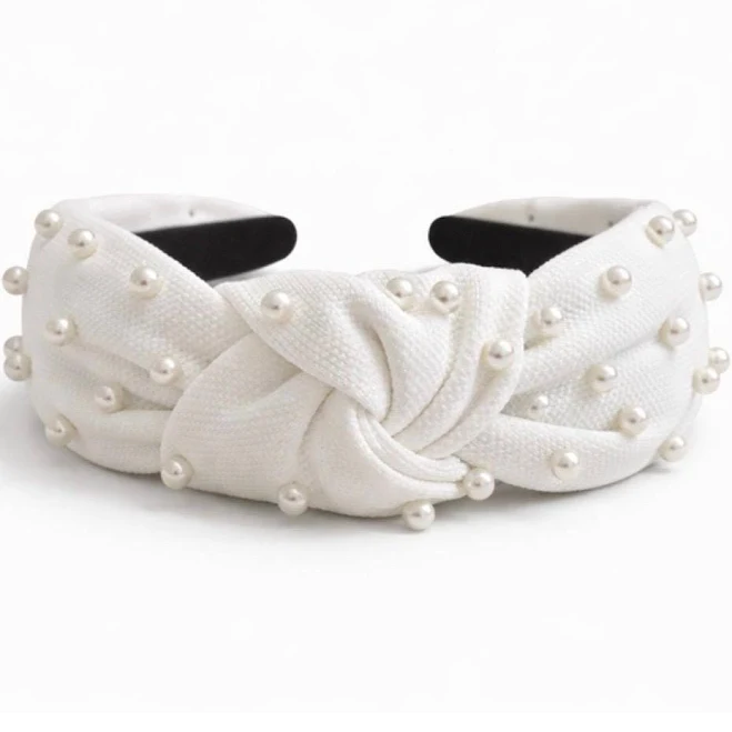 saintsheadbands Classic White Knotted Headband with White Studded Pearls for Women and Girls