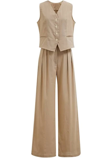 Linen-Blend Button Down Vest and Pants Set