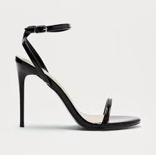 Black Patent Leather Strappy Stiletto Sandals with Ankle Strap Buckle