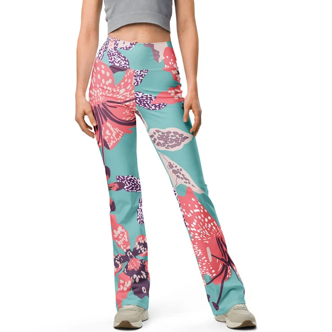Flare Leggings For Women – Teal & Coral Floral Print