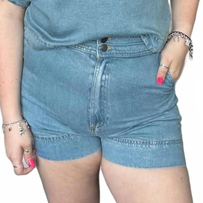 High Waist Chambray Mini Shorts In Dusty Blue