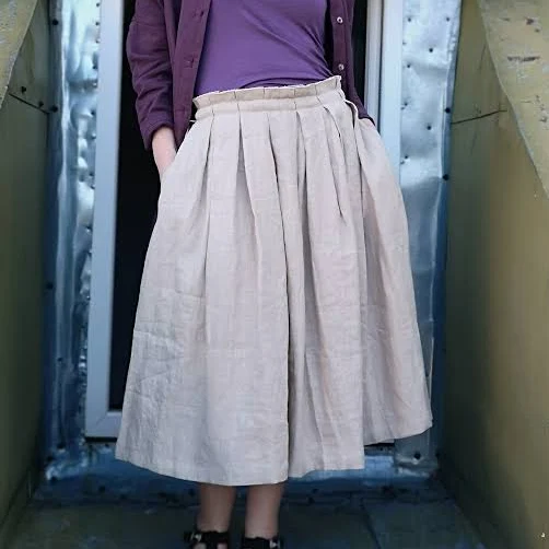 Broomstick High Waisted Pleated Linen Midi Skirt with Pockets