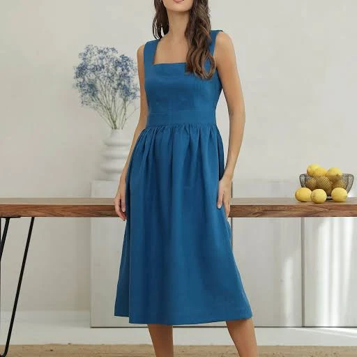 Women's Square Neck Backless Linen Midi Dress