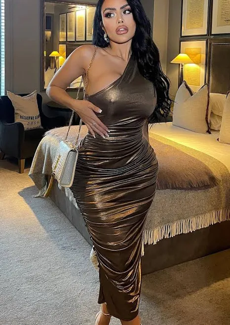 Fashion Nova Sleeveless Knit One Shoulder, Kaelynn Midi Dress in Bronze, Size