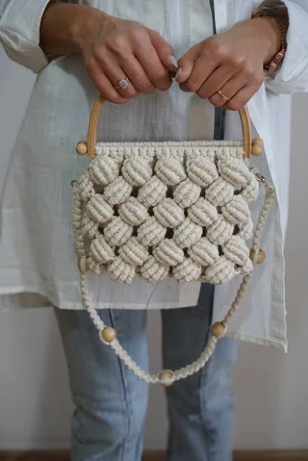 Macrame Cotton Shoulder Bag with Wooden Handle