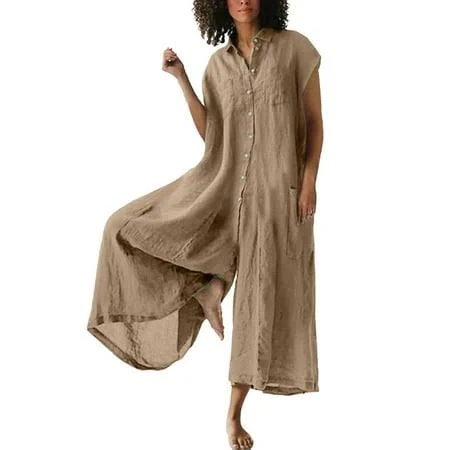 Women's Oversized Cotton Linen Short Sleeve Jumpsuit