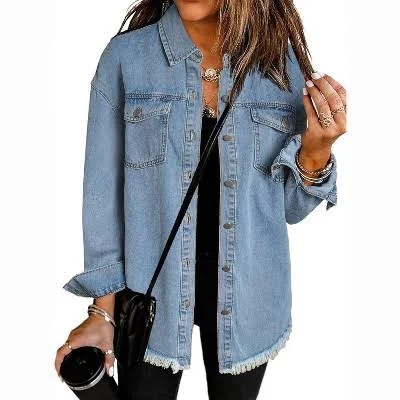 Women's Oversized Boyfriend Denim Jacket with Frayed Hem