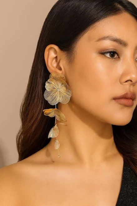 Floral Statement Long Oversized Drop Earrings