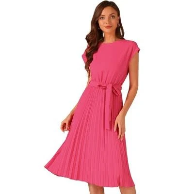 Inspire Chic Women's Pleated Crew Neck Cap Sleeve Tie Waist A-Line Dress