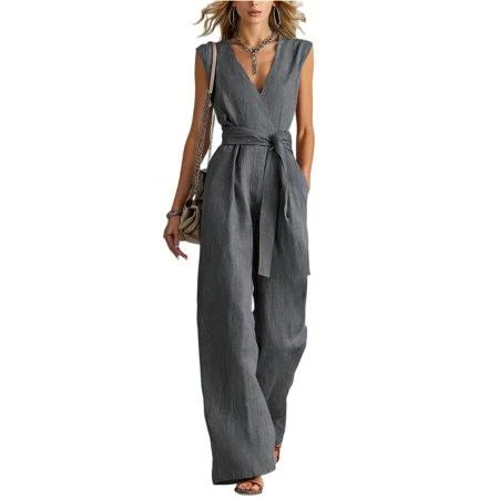 Women's Sleeveless V-Neck Wide Leg Belted Jumpsuit
