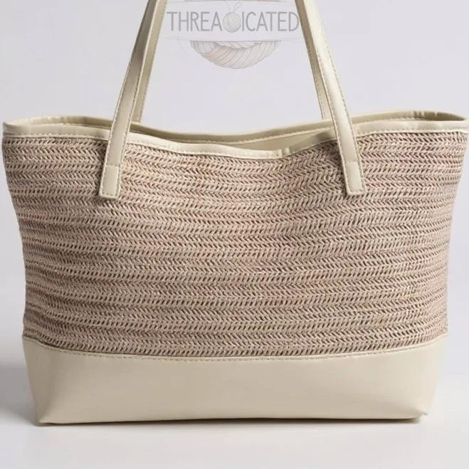 Coastal Boho Woven Straw Tote Bag with Vegan Leather Trim