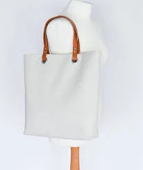 Natural Canvas Medium Tote Bag with Leather Handle Straps, Cream Shopper Tote Bag with Pockets, Beach Bag for Women, Gift for Her.