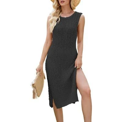 Coolmee Women's Sleeveless Crew Neck Knit Maxi Dress with Side Slit